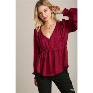 Wine Red Satin V-neck Ruffle Baby Doll Top With Cuffed Long Sleeve Womens Blouse